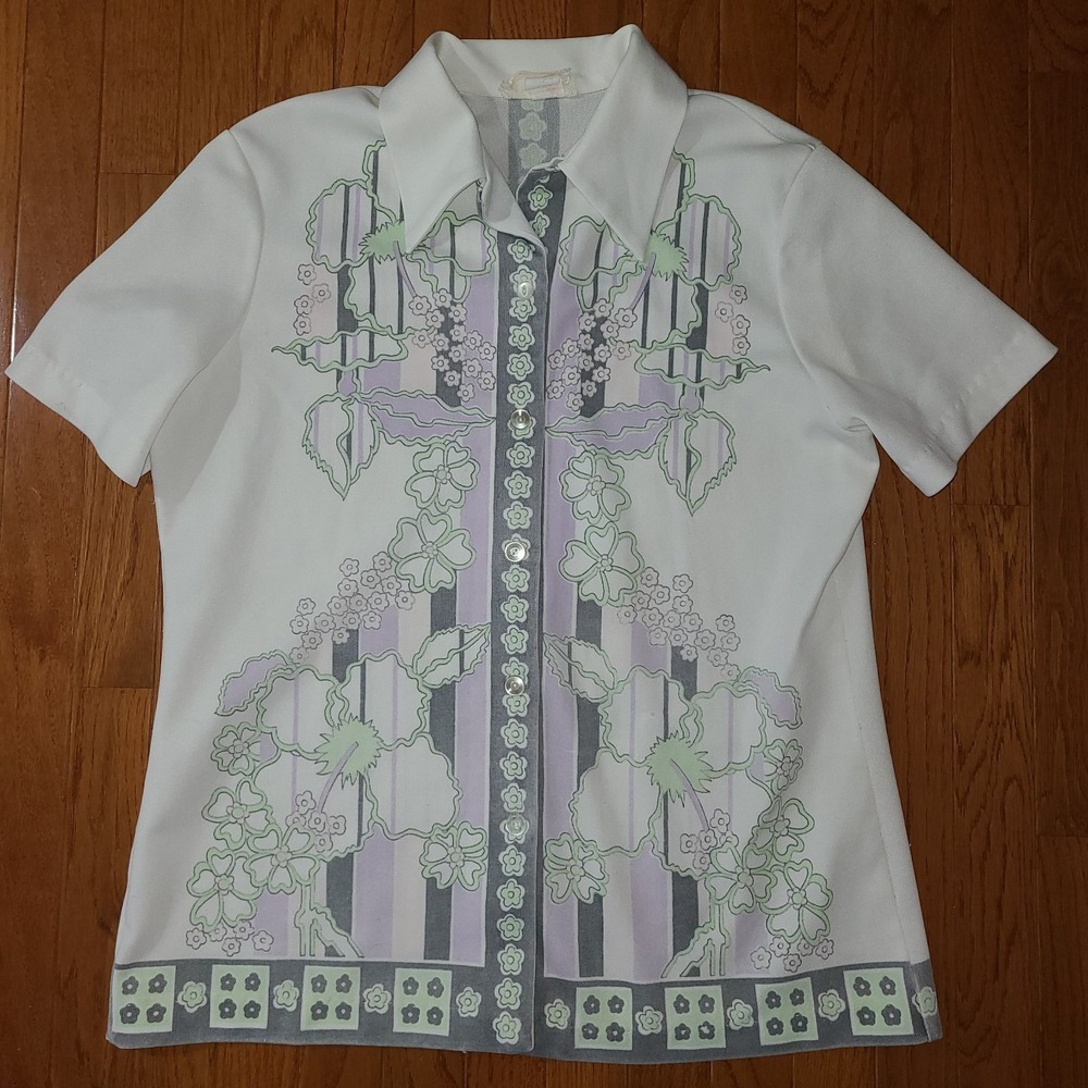Vtg Women's  Smartique S Floral Geometric Button Front Polo Purple Mod 70s White